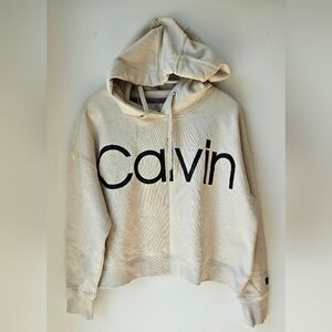 Calvin Klein Performance Hoodie Cropped Short Stone Ivory Cream Size L